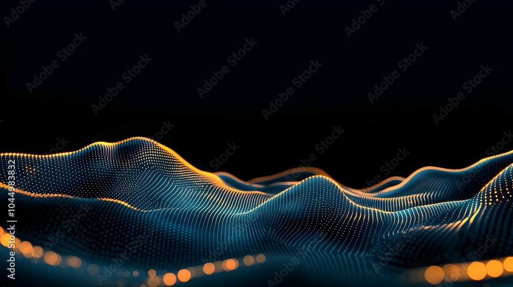 Poster Mesmerizing Generative Scene with Glowing Dots and Data Lines Flowing Across a Dark Digital Landscape Embodying the Concept of Data Flow and Digital Technology