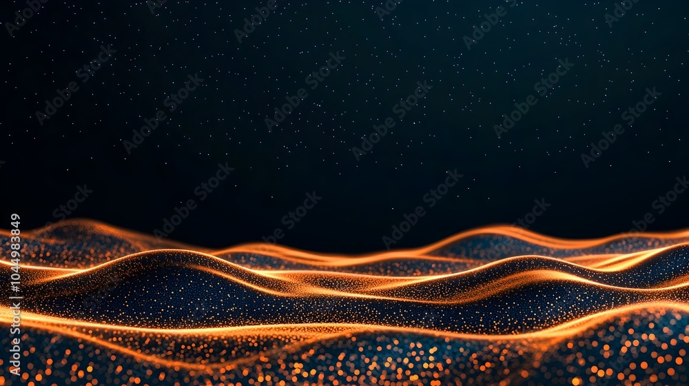 Poster Glowing abstract digital landscape with flowing lines and dots visualizing the seamless movement of data and information on a dark minimalist background  This futuristic