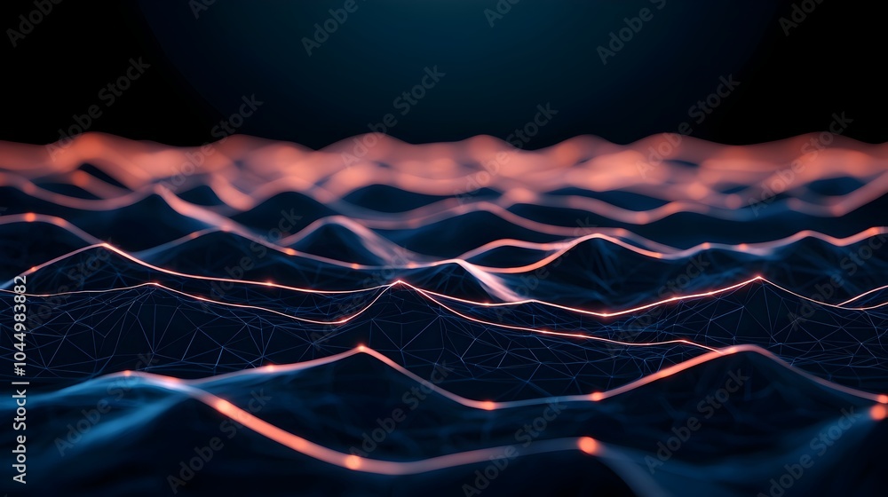 Poster Mesmerizing digital landscape featuring a seamless flow of glowing abstract lines and shapes creating a visually captivating representation of data and technological innovation