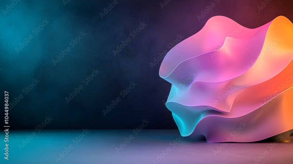 Poster mesmerizing 3d render of an iridescent abstract form glowing against a dark textured background with
