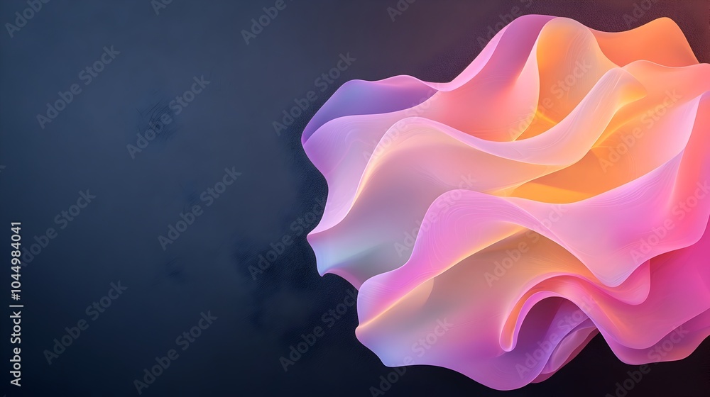 Poster Stunning 3D rendered image of an iridescent abstract form glowing and pulsating against a dark textured background with subtle light reflections and fluid geometric shapes creating an mesmerizing