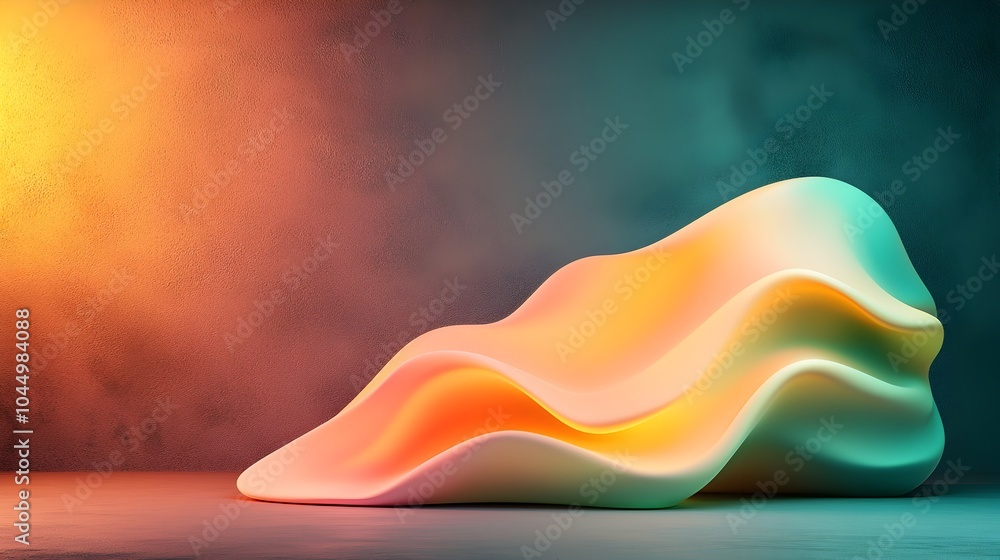 Poster Mesmerizing 3D Rendered Iridescent Abstract Form Glowing Against a Textured Dark Background with Subtle Light Reflections and Fluid Geometric Shapes