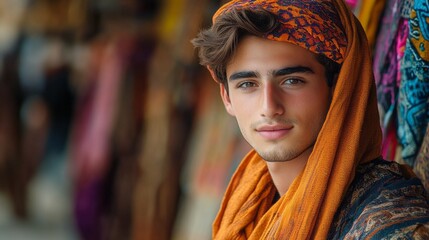 Fototapeta premium A young man wearing an orange scarf and a turban is smiling
