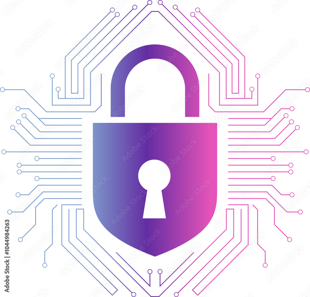 Poster cybersecurity lock icon representing digital data protection, network security, encryption technolog