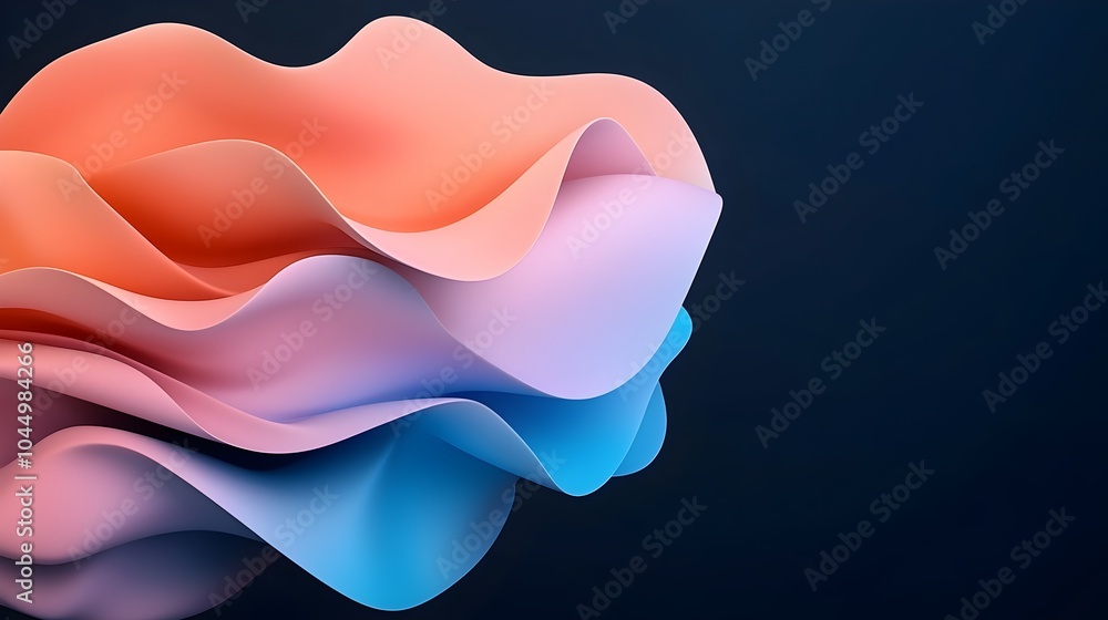 Poster Mesmerizing abstract iridescent shape floating effortlessly against a dark background showcasing smooth 3D rendering deep contrast between colors and shadows