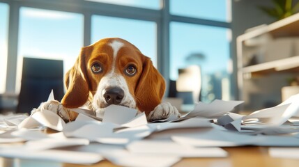 In a bright, contemporary room, a beagle puppy energetically explores scattered papers on the floor, showcasing curiosity and youthful energy in home decor.