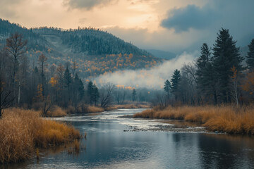Fototapeta premium A river running through a forest filled with tall grass and trees
