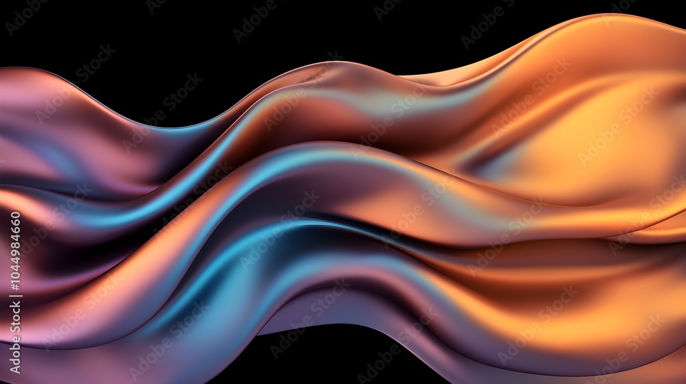 Poster Captivating Iridescent Abstract 3D Design with Shimmering Curves on Dramatic Dark Background  Mesmerizing digital art visualization with vibrant colors smooth surfaces and futuristic modern aesthetic