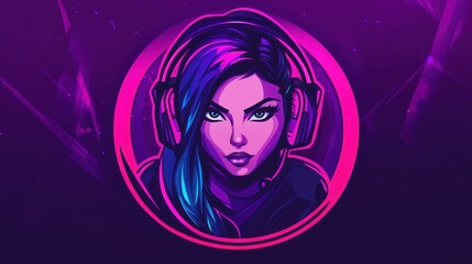 A digital illustration of a woman with blue and pink hair wearing headphones against a purple background with geometric lines.