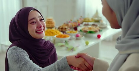 A woman in a purple hijab cries tears of joy as she shakes hands with another woman in a gray hijab. There is a spread of food in the background, suggesting a celebratory occasion