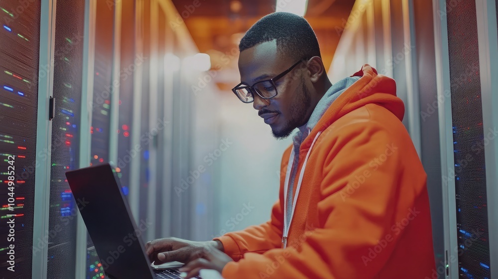 Aufkleber it technician checking server status using a laptop in a data center