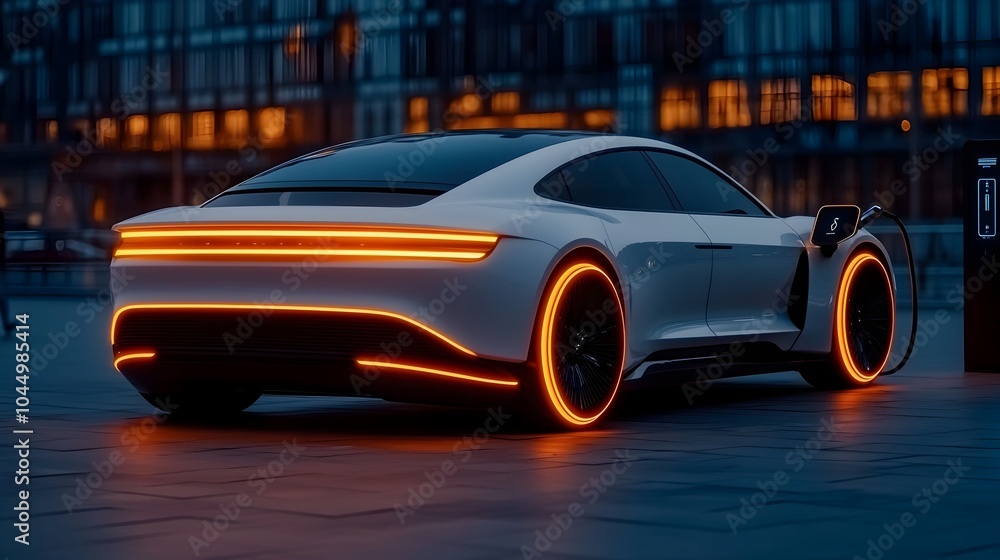 Poster sleek and futuristic electric car with innovative hubless wheel design glowing lines and a smart cha