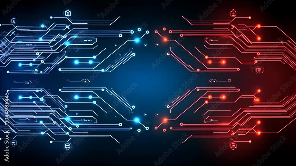 Aufkleber a glowing circuit board with blue and red lights, depicting the flow of data through a digital netwo