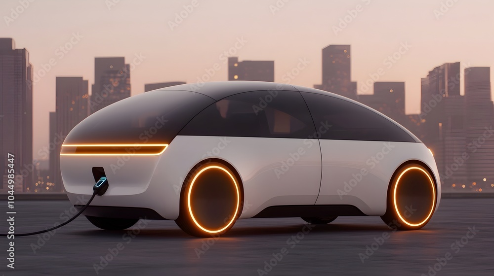 Poster sleek and advanced electric car with innovative hubless wheel design glowing lines and a smart charg