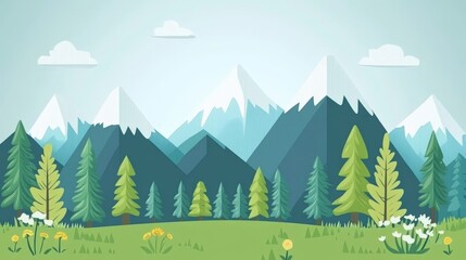 Fototapeta premium Simple Flat Design ,Mountain Landscape Illustration:Stylized Nature Scene with Gradient Background.Concept of nature, outdoor adventure, minimalist design, digital illustration, landscape art, gradien