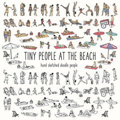 Set of tiny hand-drawn people at the beach, adults and children in summer sunbathing and playing