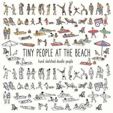 Set of tiny hand-drawn people at the beach, adults and children in summer sunbathing and playing