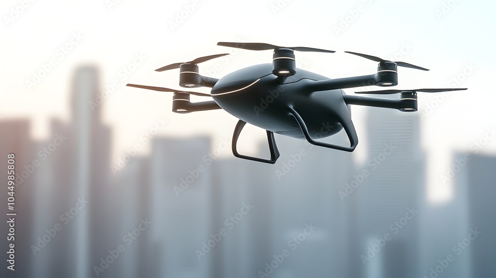 Aufkleber Sleek aerodynamically designed futuristic delivery drone with multiple propellers transporting cargo efficiently through a modern urban skyline  Depicting the future of sustainable