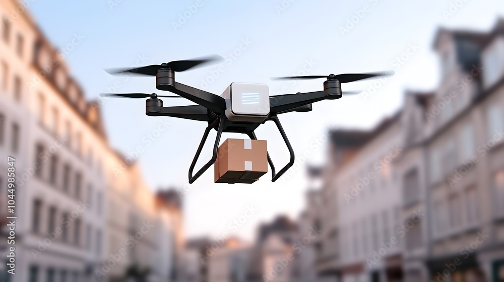 Aufkleber High tech cargo drone with advanced navigation capabilities soaring over a futuristic urban landscape equipped with smart package handling systems