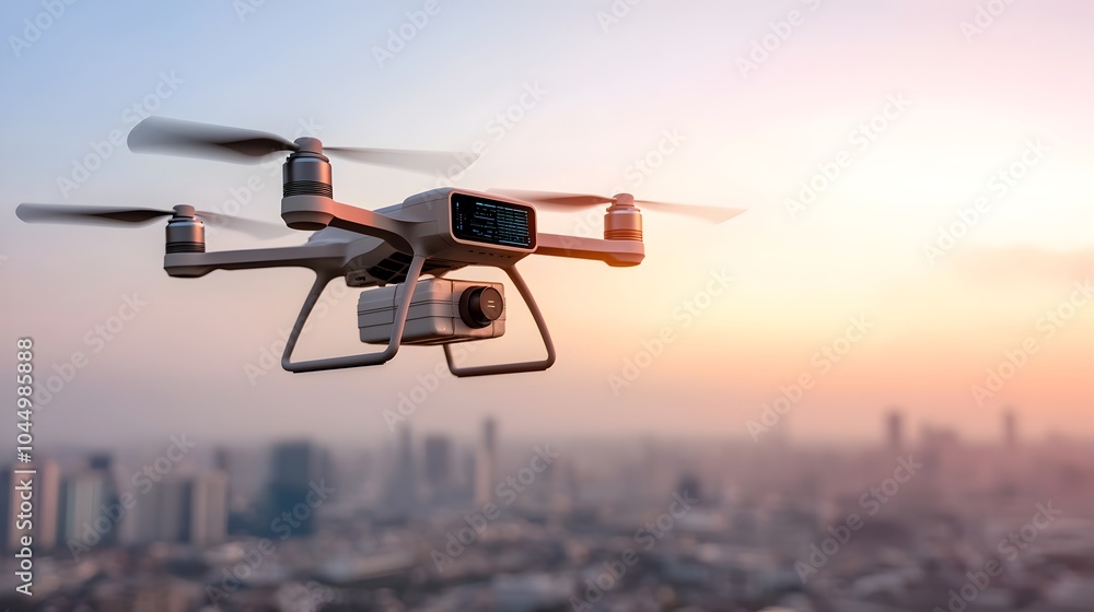Aufkleber Autonomous high tech cargo drone with advanced navigation flying over a futuristic urban landscape with modern smart package handling systems and efficient delivery networks