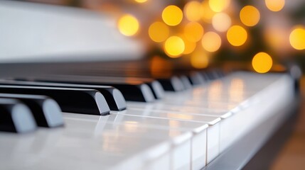 A close-up photo of a piano keyboard with bright glowing lights in the background, capturing a warm and festive holiday atmosphere with musical charm.