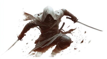 A hooded figure leaps forward, wielding two swords, with a white background and dramatic lighting.