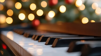 A close-up view of piano keys contrasts with soft, colorful holiday lights, combining music and festive decoration in a harmonious setting.