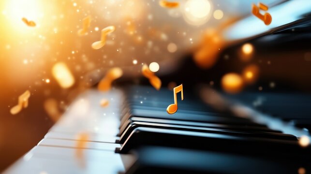 A vivid image of floating musical notes above a piano keyboard, illuminated by warm sunlight, symbolizing the freedom and emotion of musical creation.