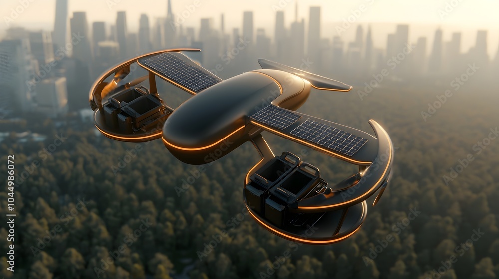 Poster conceptual solar powered delivery drone equipped with multiple cargo compartments soaring gracefully