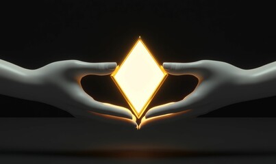 Two hands holding a glowing diamond.