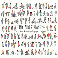 Hand drawn tiny pedestrians, ink drawing of urban people walking