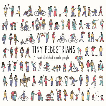 Hand drawn tiny pedestrians, ink drawing of urban people walking
