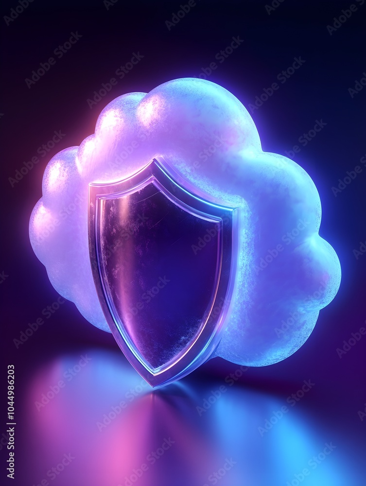 Poster a cloud with a shield in front of it, symbolizing the secure, cloud-based protection