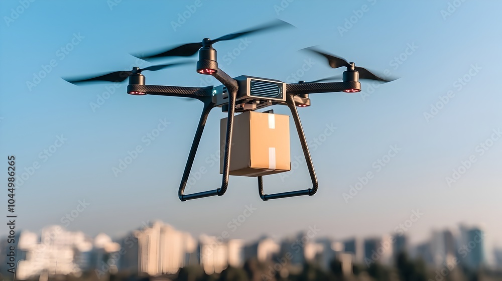 Poster High Tech Cargo Drone with Advanced Navigation Flying Over Futuristic Urban Landscapes with Smart Package Handling Systems