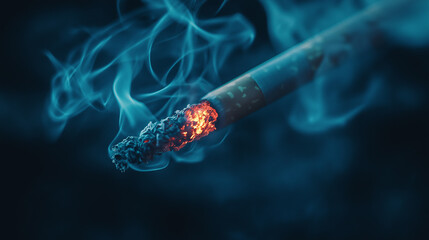 Detailed shot of a cigarette’s glowing tip, ashes hanging off, with smoke rising into the frame
