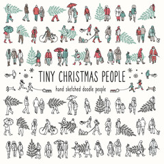 Tiny hand drawn people in winter at Christmas time, carrying their Christmas tree home, in warm winter clothes, colored and black and white