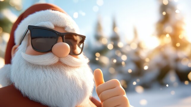A stylized animated version of Santa Claus in CGI art form, wearing sunglasses and giving a thumbs up, radiating humor and modern twist on a classic holiday icon.
