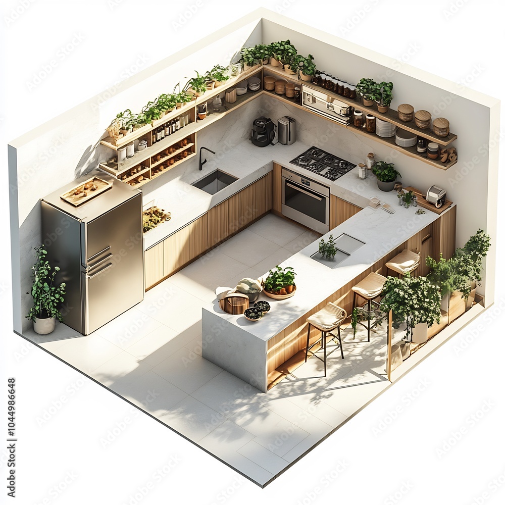 Poster top view 3d render of modern kitchen featuring a central island open shelving and a large fridge det