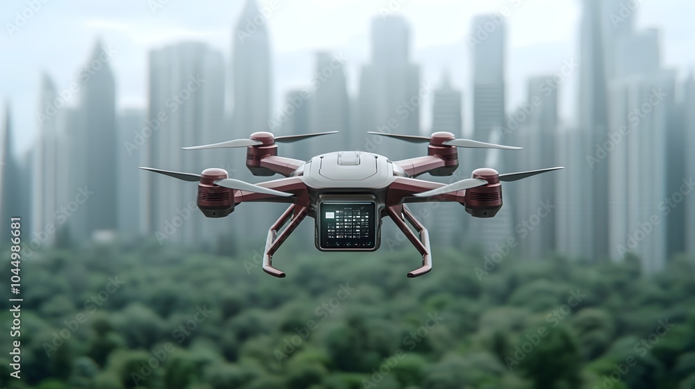 Poster Advanced cargo drone with multiple propellers and smart package delivery system gliding through a high tech cityscape of the future showcasing innovative urban transportation and logistics solutions