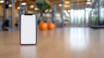 A smartphone with a blank screen is displayed prominently on the wooden floor of a fitness center. In the background are orange exercise balls, blurred for effect.
