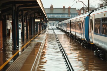 A flooded train station with tracks submerged underwater, trains halted, and passengers stranded on the platform, illustrating the disruption caused by heavy rainfall and floods.