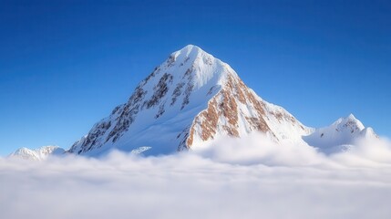 A crisp, serene view of a prominent snow-covered peak wrapped in soft clouds, bathed in the pristine blue of a clear sky, evoking wonder and tranquility.