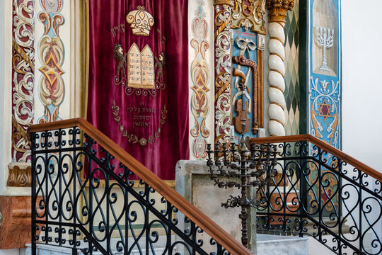 Torah arc also known as hekhal or aron qodesh and temple menorah in the Great Synagogue in Wlodawa, Poland