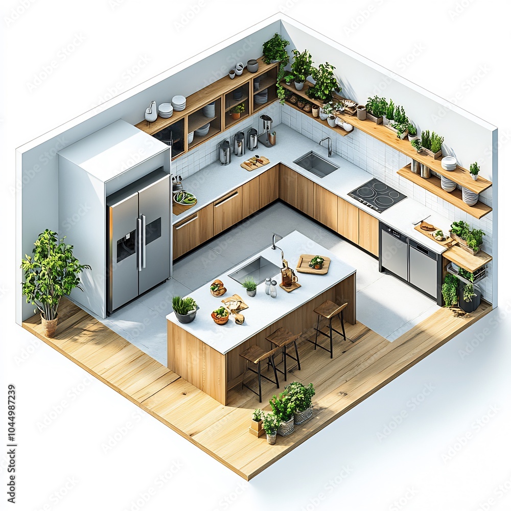 Poster top view 3d render of modern kitchen featuring a central island open shelving and a large fridge det