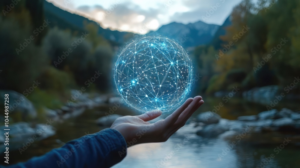 Poster man holding a global network connection symbol on a nature background