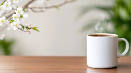 A steaming cup of coffee sits beside fresh, blooming spring flowers on a wooden surface, evoking warmth, relaxation, and the arrival of new beginnings.