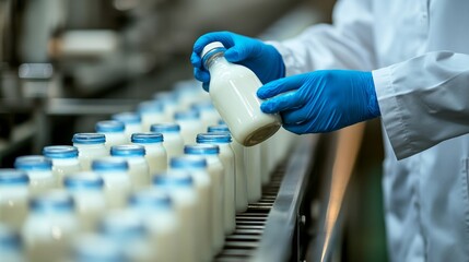 Quality Control Specialist Inspecting Milk Sample in Dairy Factory.Concept of food safety, quality assurance, dairy industry, manufacturing process.