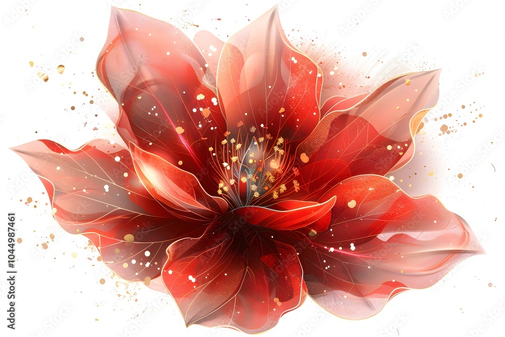 Poster a vibrant red flower with intricate petals, surrounded by a subtle sparkle, creating a dynamic and a