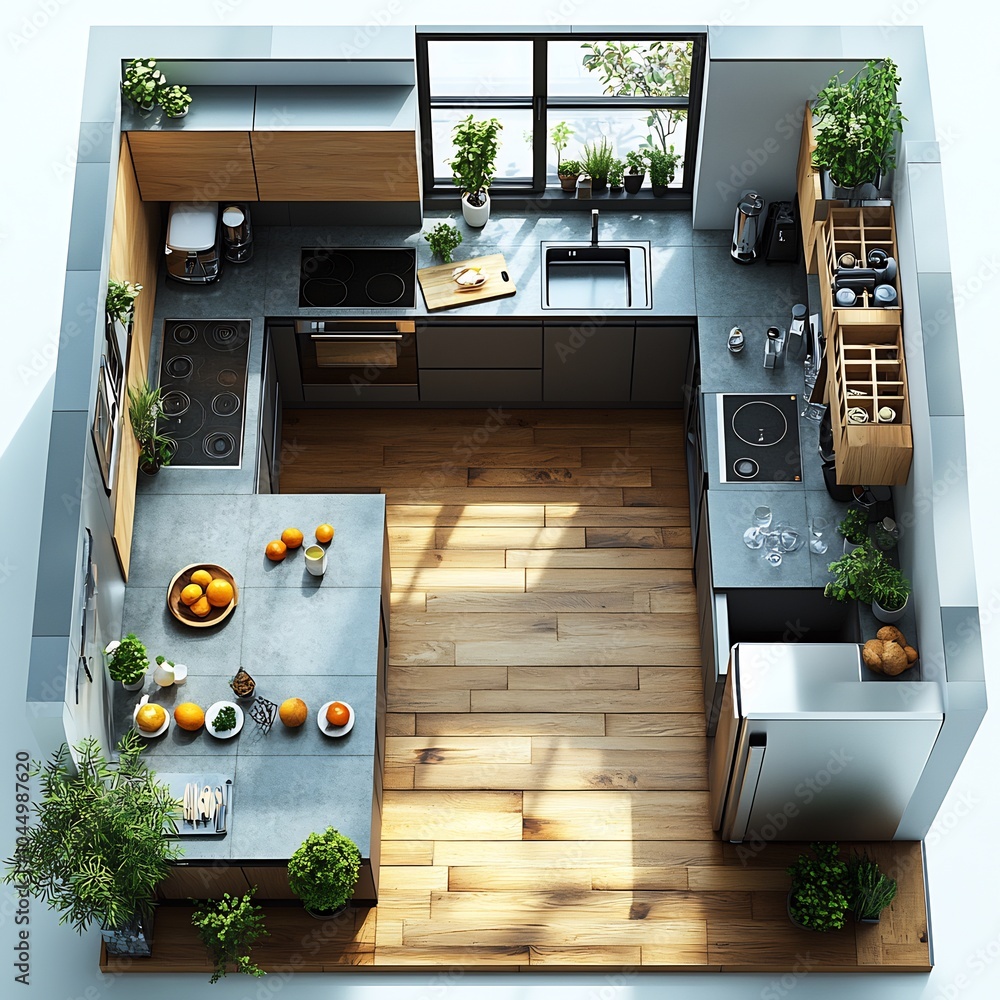 Poster top view 3d render of practical kitchen layout featuring central island open shelving storage and a 