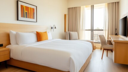 A bright hotel room with minimalist decor and a scenic balcony view, conveying comfort, tranquility, and a modern lifestyle space in contemporary travel accommodations.